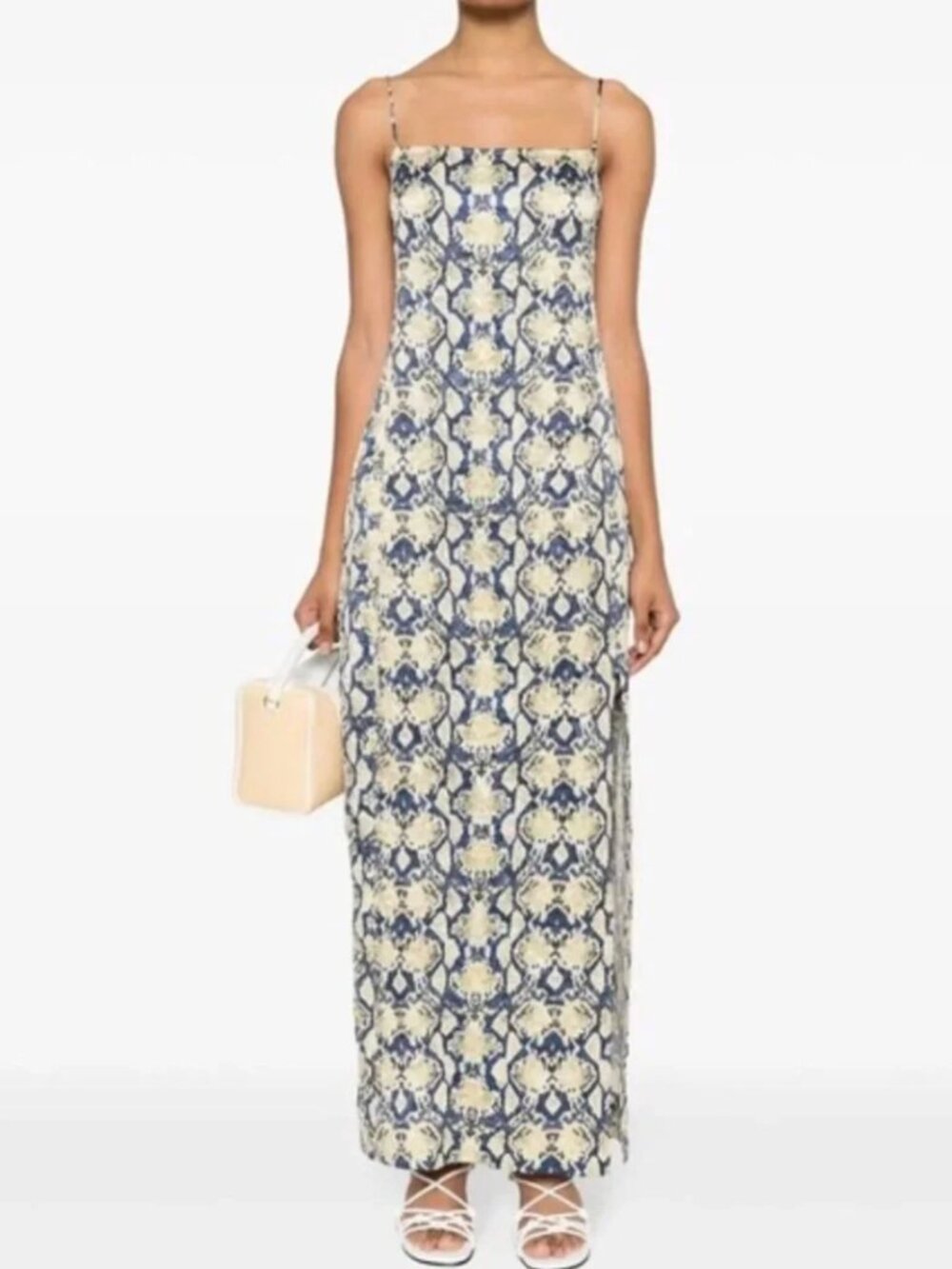 GANNI Snake Print Crinkled Satin Midi Slip Dress NWT Size 34
